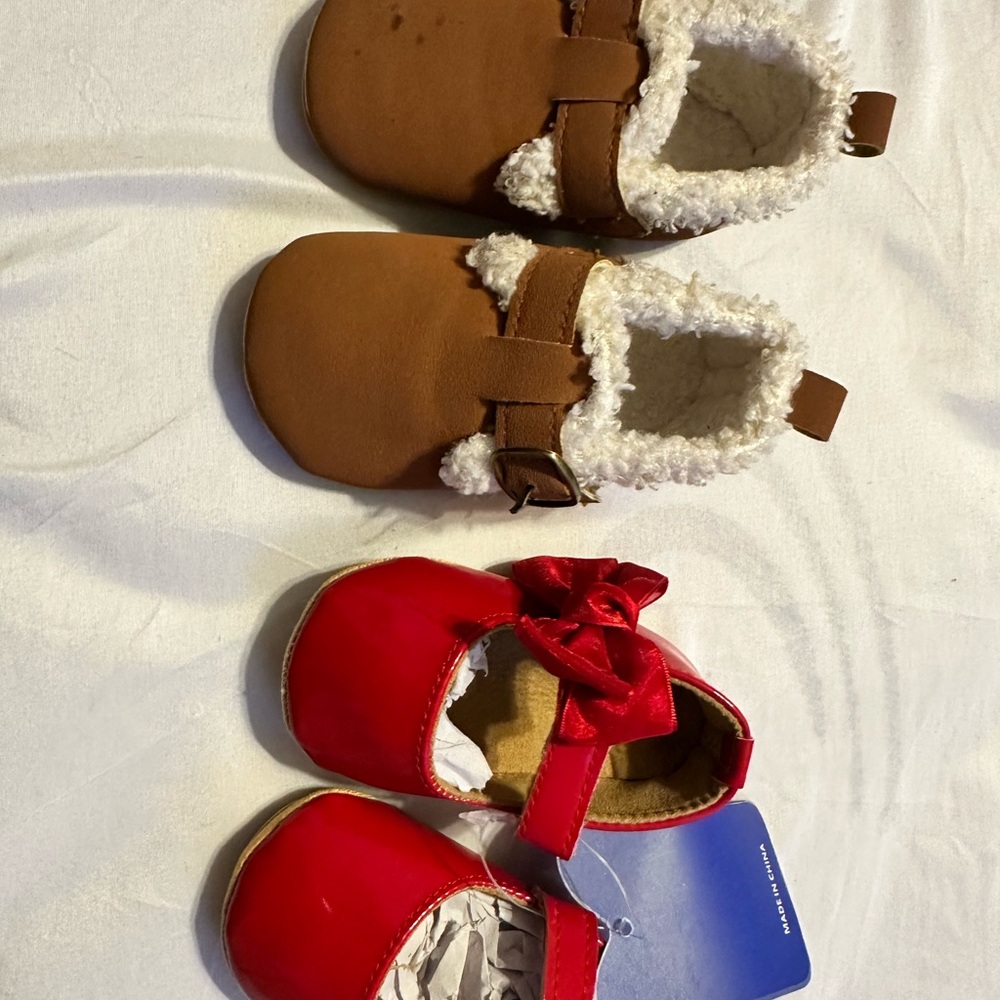 Brown and Red Baby Walker Shoes with Soft Lining and Decorative Bow